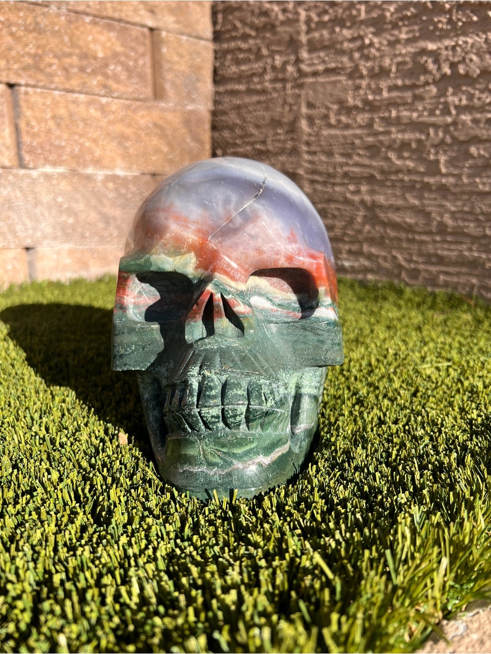 Hand-Carved Multicolor Jasper Skull Sculpture - Green & Red